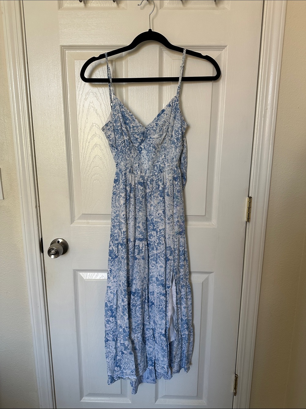 Hollister Light Blue & White Floral Smocked Midi Dress